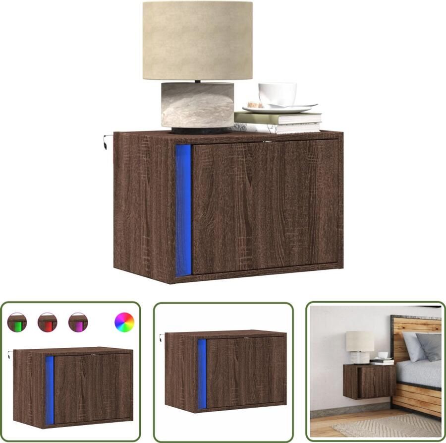 VidaXL Nachtkastje met LED's wandgemonteerd bruin eikenkleur Nachtkastje Nachtkast Led Lamp Wandmontage Houten Kast