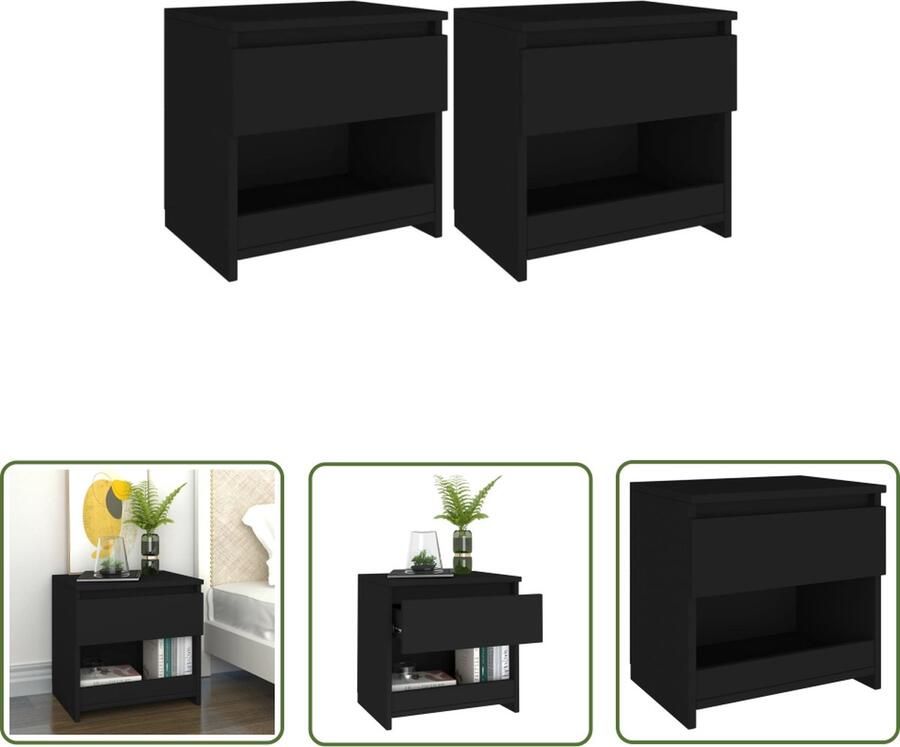 VidaXL Nachtkast Nachtkastjes 2 st 40x30x39 cm bewerkt hout zwart Slaapkamers Kamermeubel Houten Meubel - Foto 2
