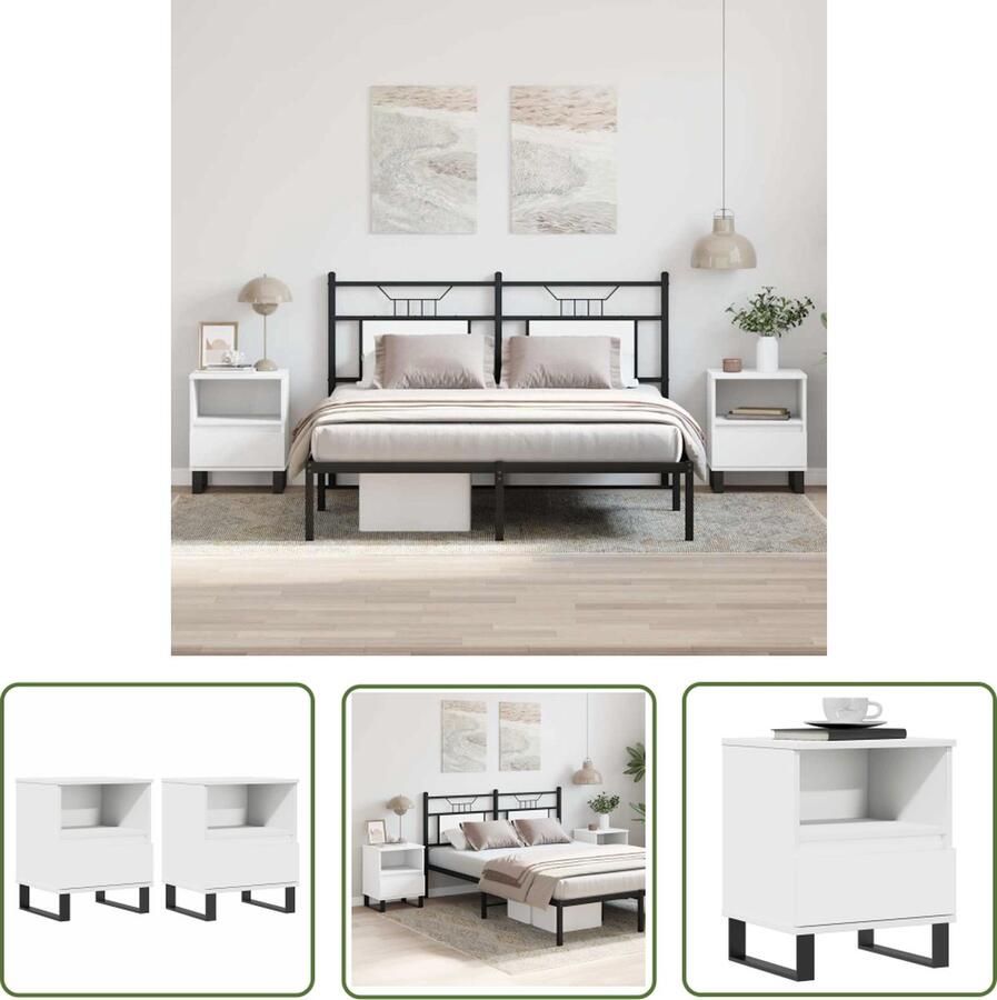 The Living Store Nachtkastjes 40 x 35 x 50 cm Wit Bewerkt hout en metaal Nachtkastjes Nachtkast Kastje Houten Kast Wit Meubel