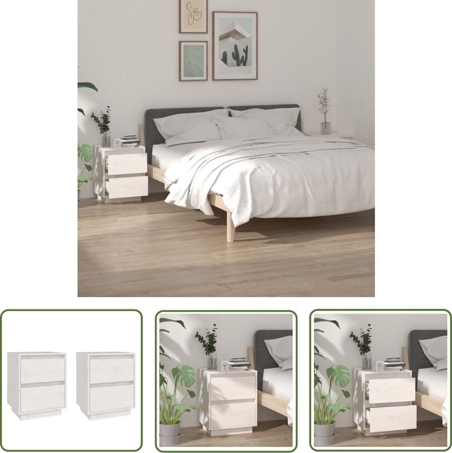 The Living Store Nachtkastjes 2 st 40x35x50 cm massief grenenhout wit Nachtkastjes Nachtkast Meubilair Kamermeubel Slaapkamers - Foto 2