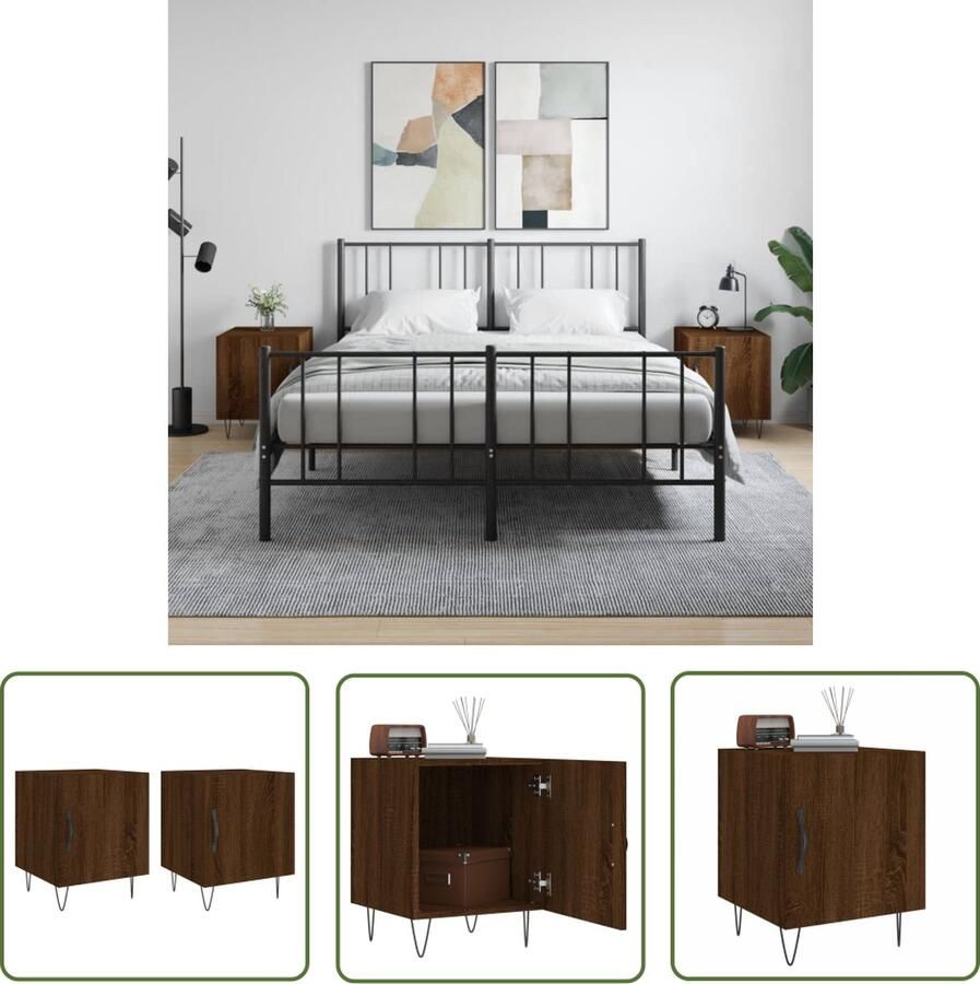 The Living Store Nachtkastjes Bruineiken Set van 2 40 x 40 x 50 cm Duurzaam hout Veel opbergruimte Metalen voeten Nachtkastjes Nachtkast Houten Nachtkast Bruine Eiken Vintage Nachtkast - Foto 2