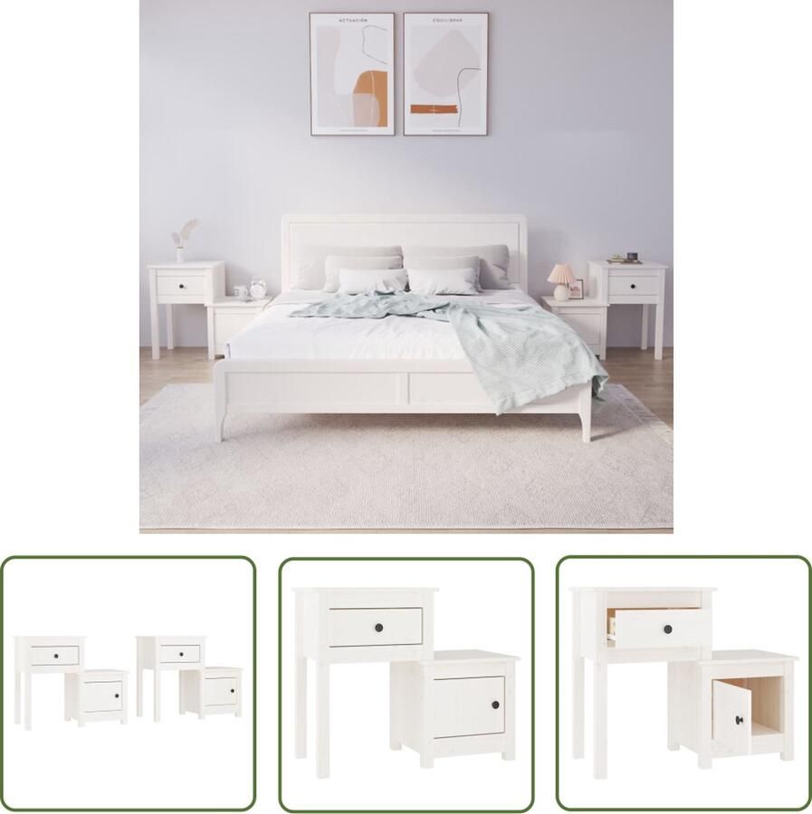 The Living Store Nachtkastjes Trendy houten Nachtkastjes 79.5 x 38 x 65.5 cm Kleur- Wit Materiaal- Massief grenenhout Nachtkastjes Nachtkast Wooden Nightstand Side Table Living Room Furniture - Foto 2