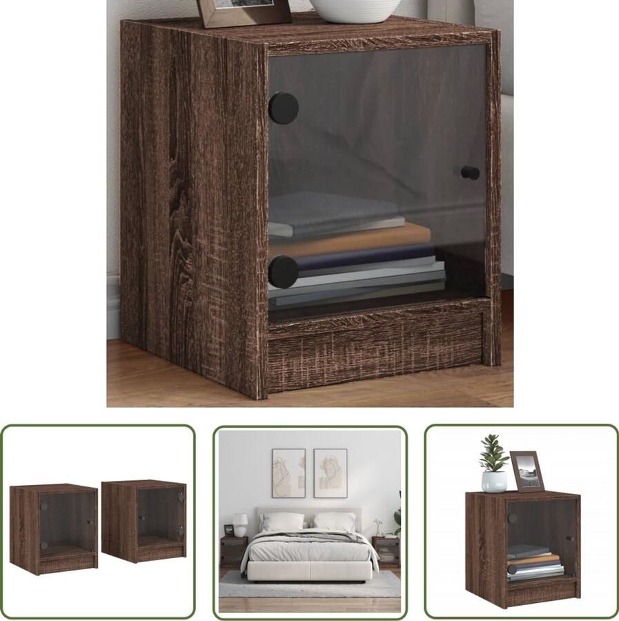 The Living Store Nachtkastjes met glazen deuren 2 st 35x37x42 cm bruineikenkleur Nachtkastjes Nachtkast Slaapkamermeubel Bruineiken Houten Meubel