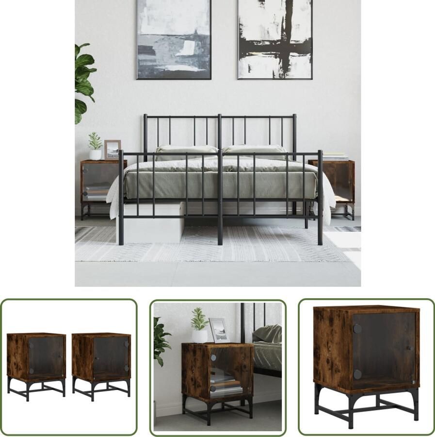 The Living Store Nachtkastjes met glazen deuren 2 st 35x37x50 cm gerookt eiken Nachtkastjes Nachtkast Slaapkamermeubel Houten Meubel Bruine Meubels