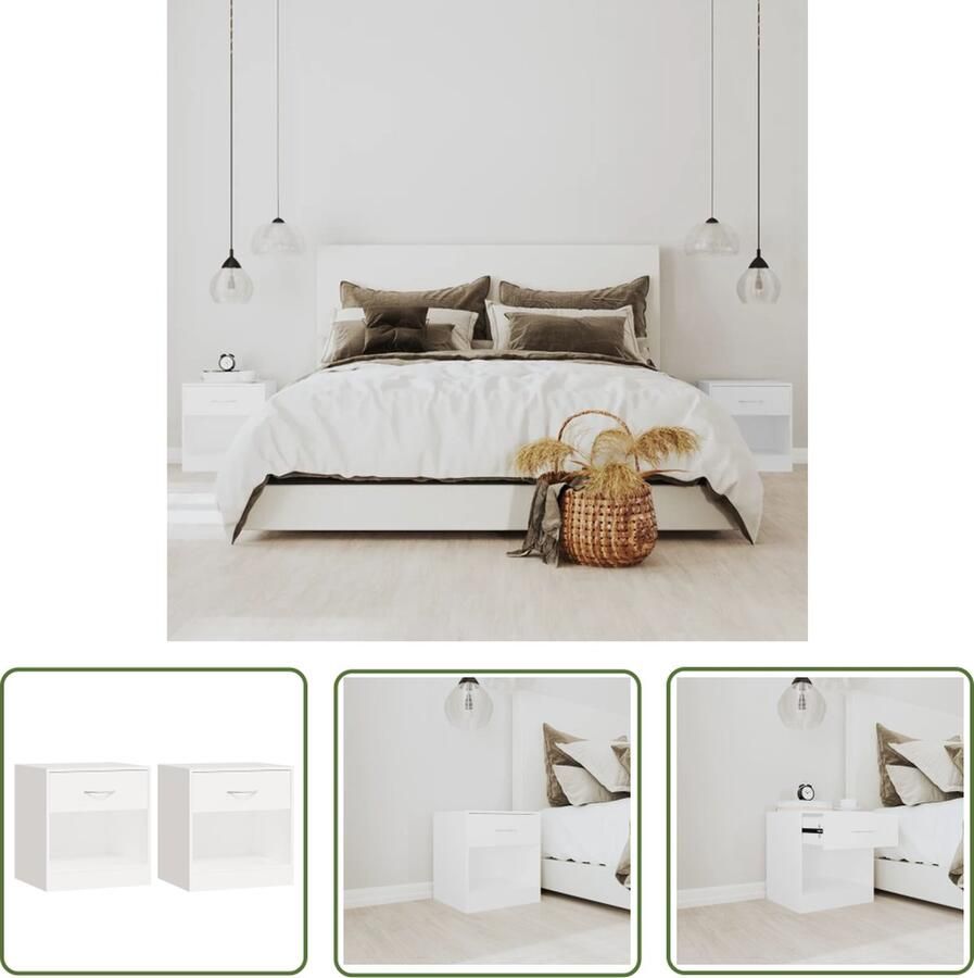 The Living Store Nachtkastjes Set van 2 Wit 36.5 x 30.5 x 38 cm 1 Lade Hoogwaardig Materiaal Nachtkastjes Nachtkast Meubilair Slaapkamermeubilair Houten Meubilair - Foto 2