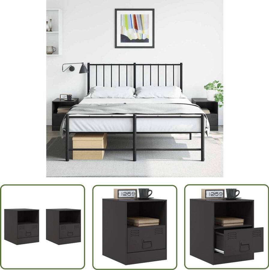 The Living Store Nachtkastjes 2 st 34 5x39x44 cm staal zwart Nachtkastje Nachtkastjes Bijzettafel Wandkastje