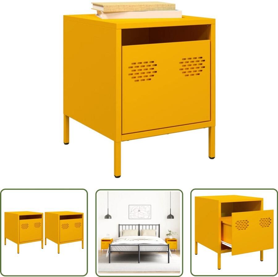 The Living Store Nachtkastjes 2 st 35x39x43 5 cm staal mosterdgeel Nachtkastje Nachtkasten Industriële Design Mustard Yellow Metaalkast