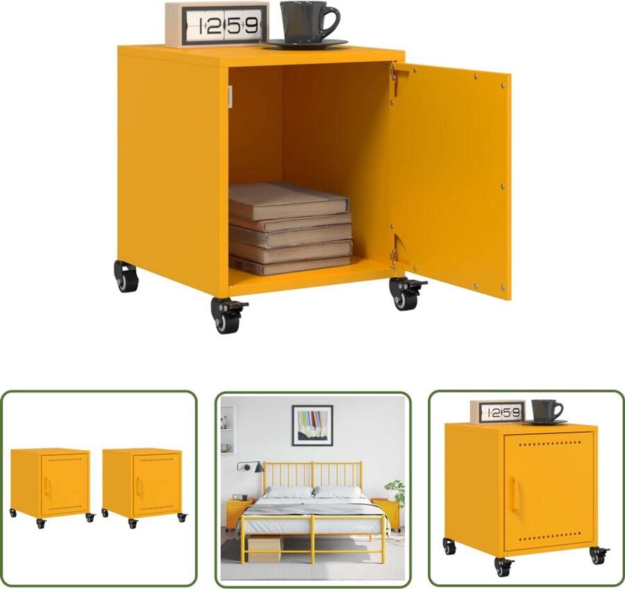 The Living Store Nachtkastjes 2 st 36x39x43 5 cm staal mosterdgeel Nachtkastje Nachtkasten Mustard Yellow Vintage Industriële Stijl