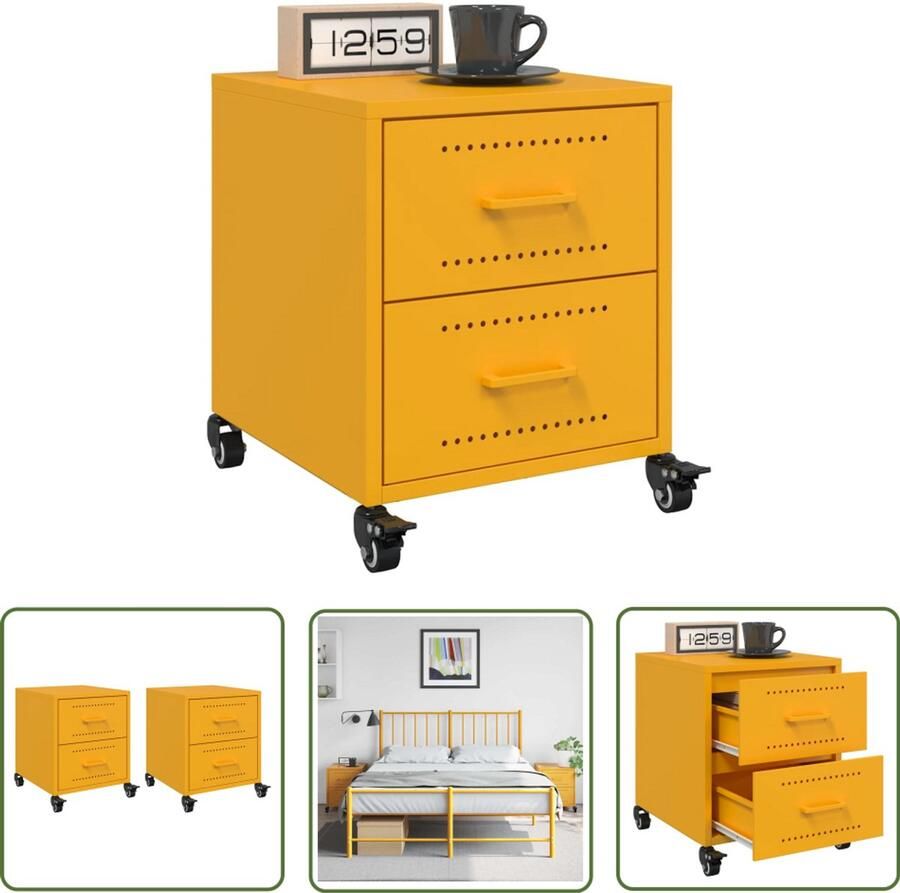 The Living Store Nachtkastjes 2 st 36x39x43 5 cm staal mosterdgeel Nachtkastje Nachtkasten Mustard Yellow Furniture Side Table Living Room Decor