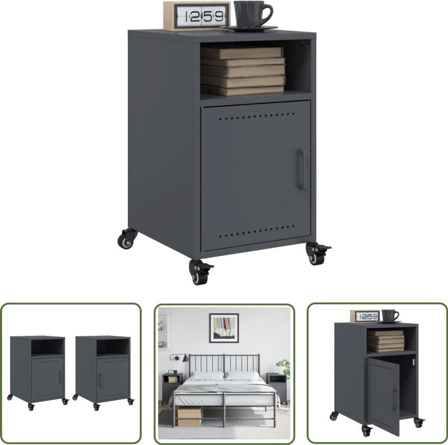 The Living Store Nachtkastjes 2 st 36x39x59 cm staal antracietkleurig Nachtkastje Nachtkasten Koudgewalst Staal Antraciet Industrieel