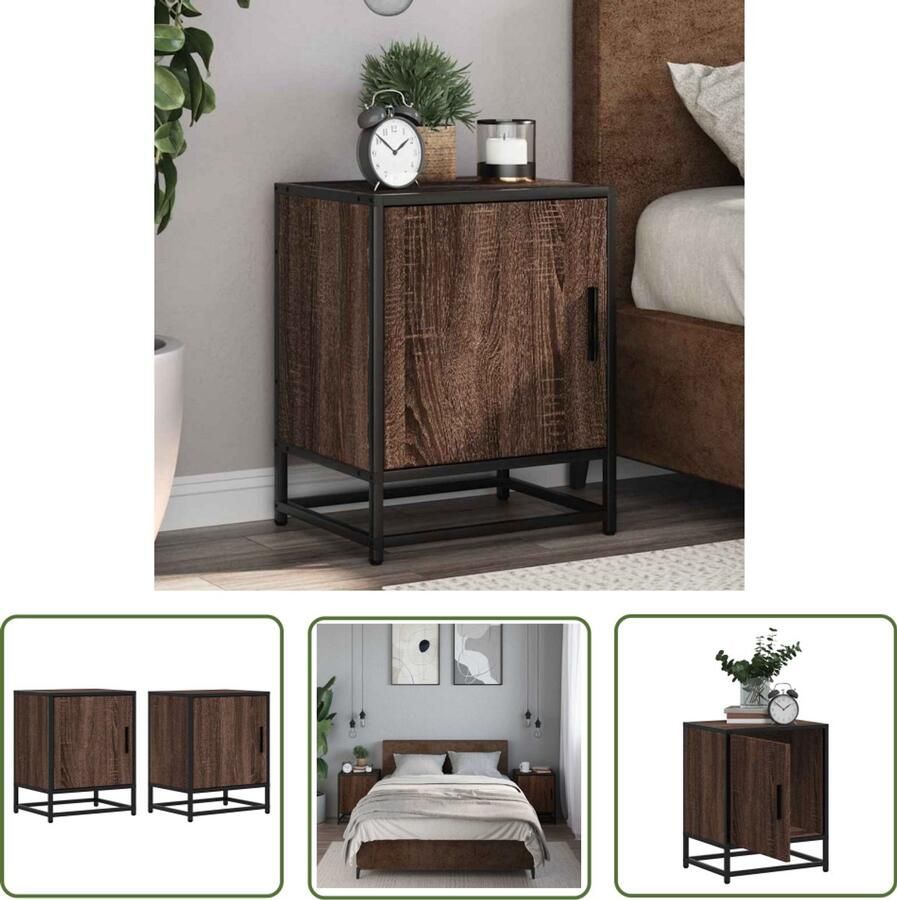 The Living Store Nachtkastjes 2 st 40x31x50cm bewerkt hout en metaal bruin eiken Nachtkastje Nachtkasten Bedkasts Houten Nachtkast Metalen Nachtkast