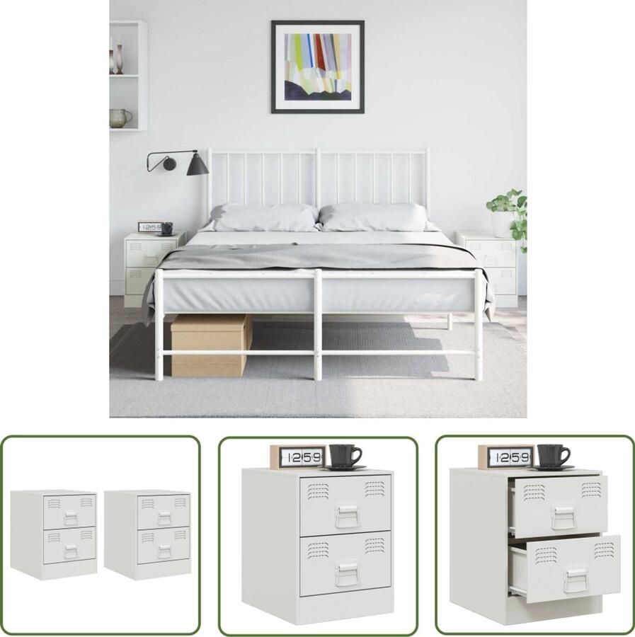 The Living Store Nachtkastjes 2 st 34 5x39x44 cm staal wit Nachtkastjes Nachtkasten Slaapkamermeubilair Koudgewalst Staal Staalkast
