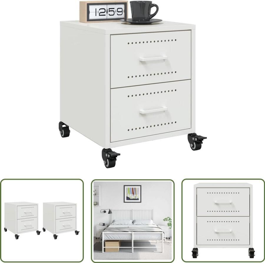 The Living Store Nachtkastjes 2 st 36x39x43 5 cm staal wit Nachtkastjes Nachtkasten Slaapkamer Bedkast Opbergruimte