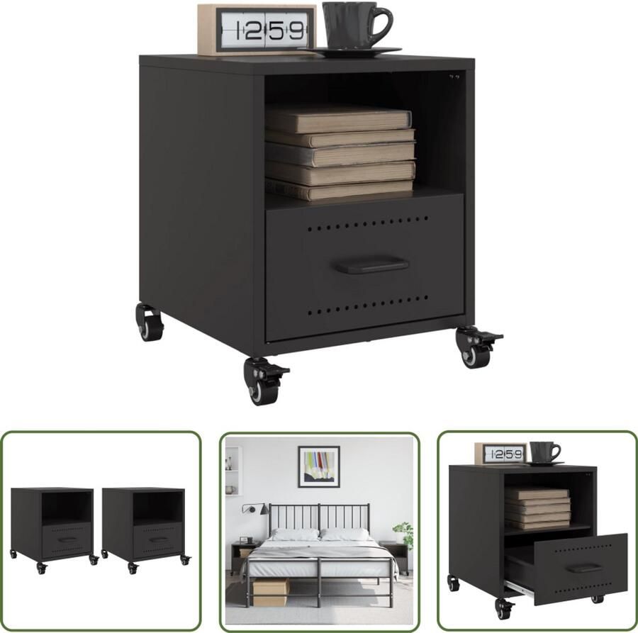 The Living Store Nachtkastjes 2 st 36x39x43 5 cm staal zwart Nachtkastjes Nachtkasten Staal Zwart Modern