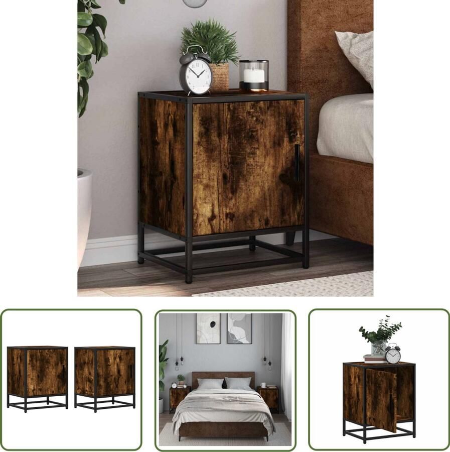 The Living Store Nachtkastjes 2 st 40x31x50 cm bewerkt hout&metaal gerookt eiken Nachtkastjes Nachtkasten Bedkasts Houten Nachtkast Metalen Nachtkast