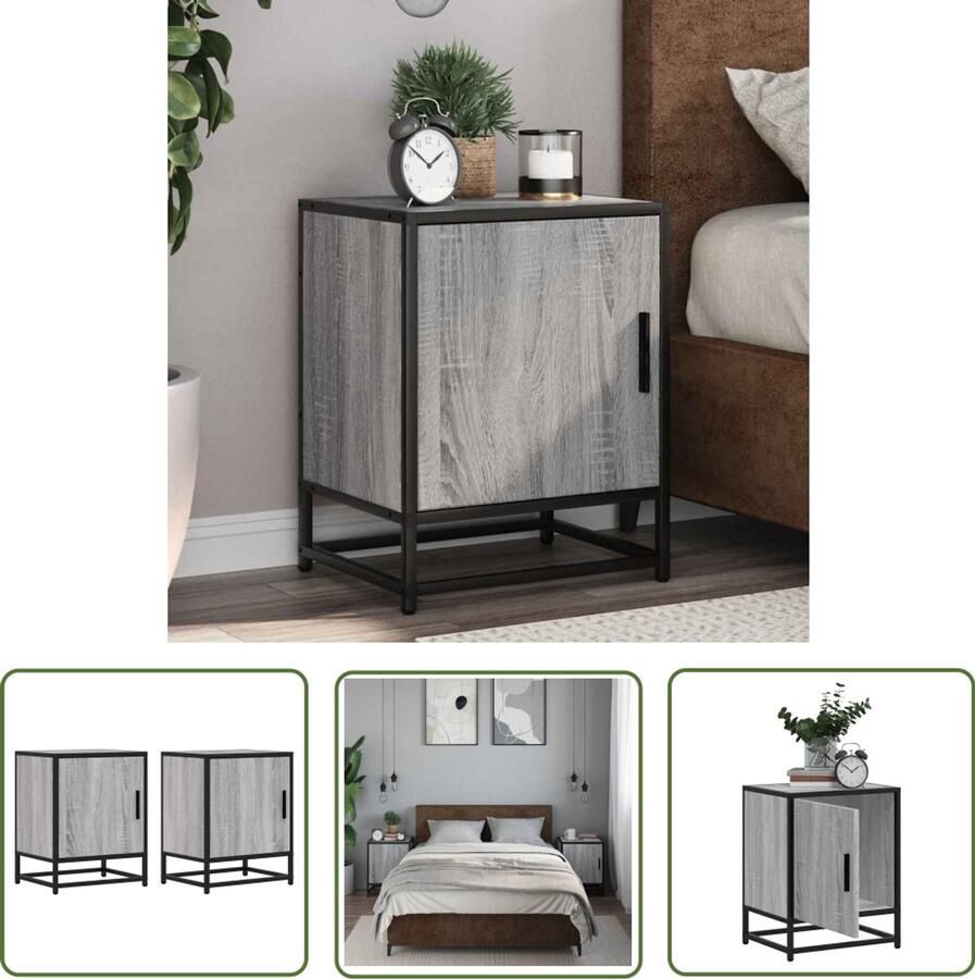 The Living Store Nachtkastjes 2 st 40x31x50 cm bewerkt hout&metaal grijs sonoma Nachtkastjes Nachtkasten Slaapkamerdecoratie Houten Meubilair Grijze Meubels