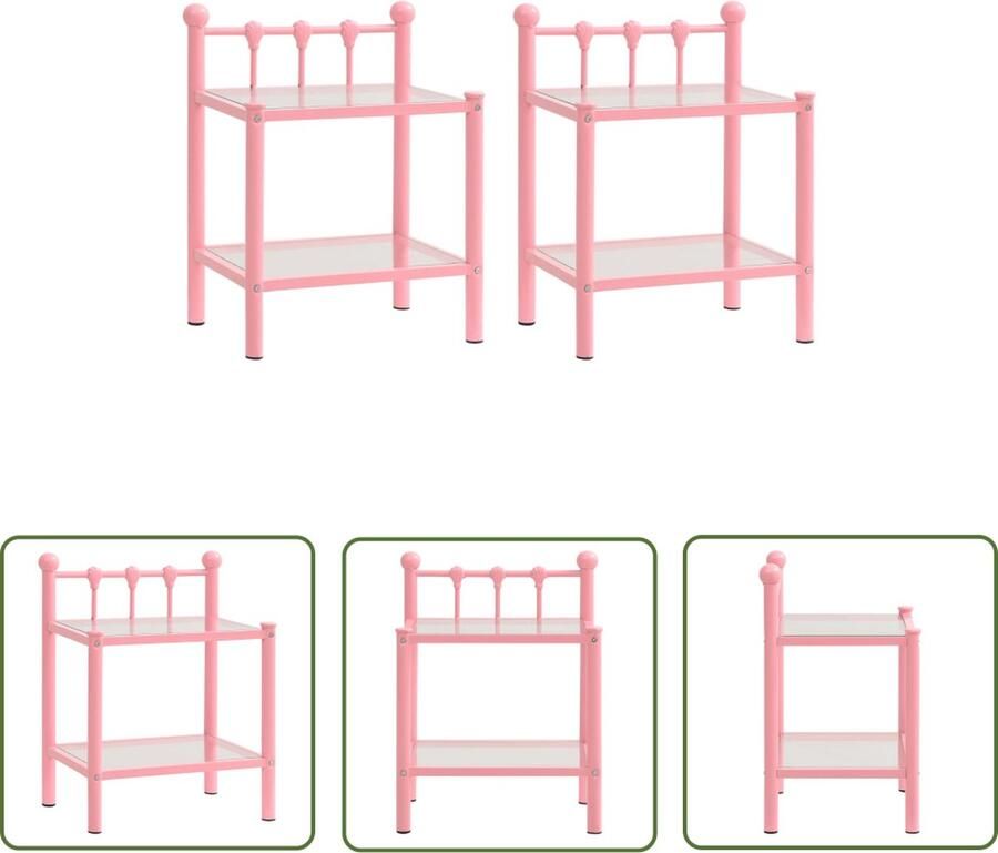 The Living Store Nachtkastjes Glas Metaal 45x34.5x60.5cm Roze Transparant Set van 2 Nachtkastjes Nachtkasten Meubilair Slaapkamerinrichting Rozerood - Foto 2
