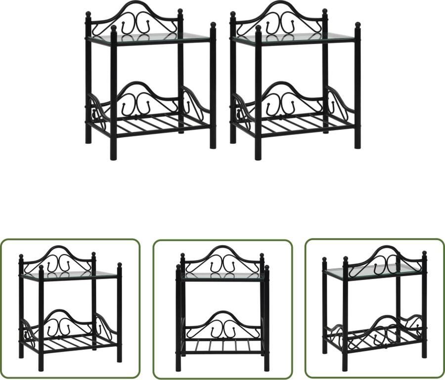 The Living Store Nachtkastjes Staal en Gehard Glas 45x30.5x60 cm Zwart Nachtkastjes Nachtkasten Staal Meubilair Glazen Meubelstukken Zwarte Meubels