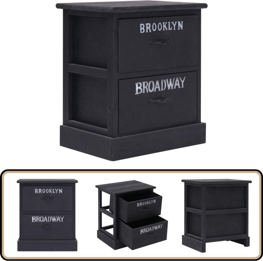 VidaXL Nachtkastje 2 Lades 38x28x45 cm Zwart Nachtkastje Vintage Stijl Paulownia Hout Zwarte Kast Slaapkamer Meubilair