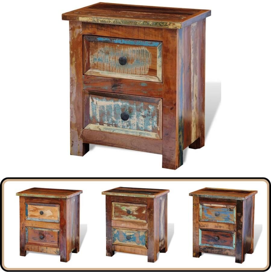 VidaXL Nachtkastje 2 lades Massief gerecycled hout Nachtkastje Antiek Houten Kast Gerecycled Hout Slaapkamerdecoratie Vintage Design Bergruimte Ladekast