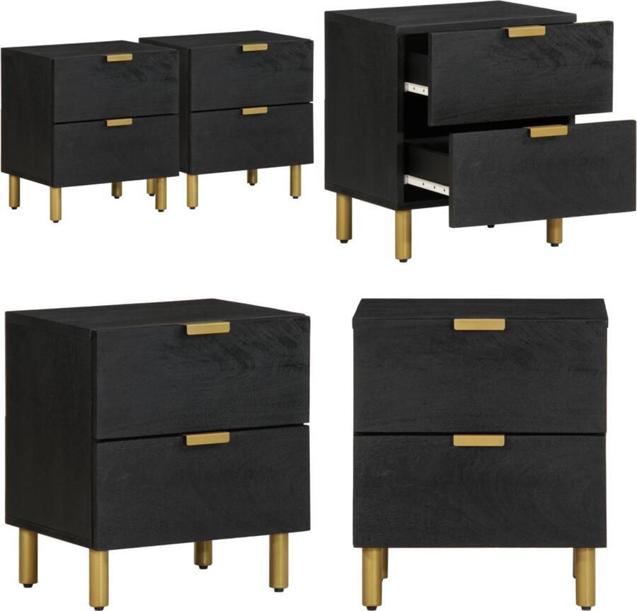 VidaXL Nachtkastje 2 st 40x33x46 cm massief mangohout zwart Nachtkastje Nachtkastjes Bijzettafel Wandkastje