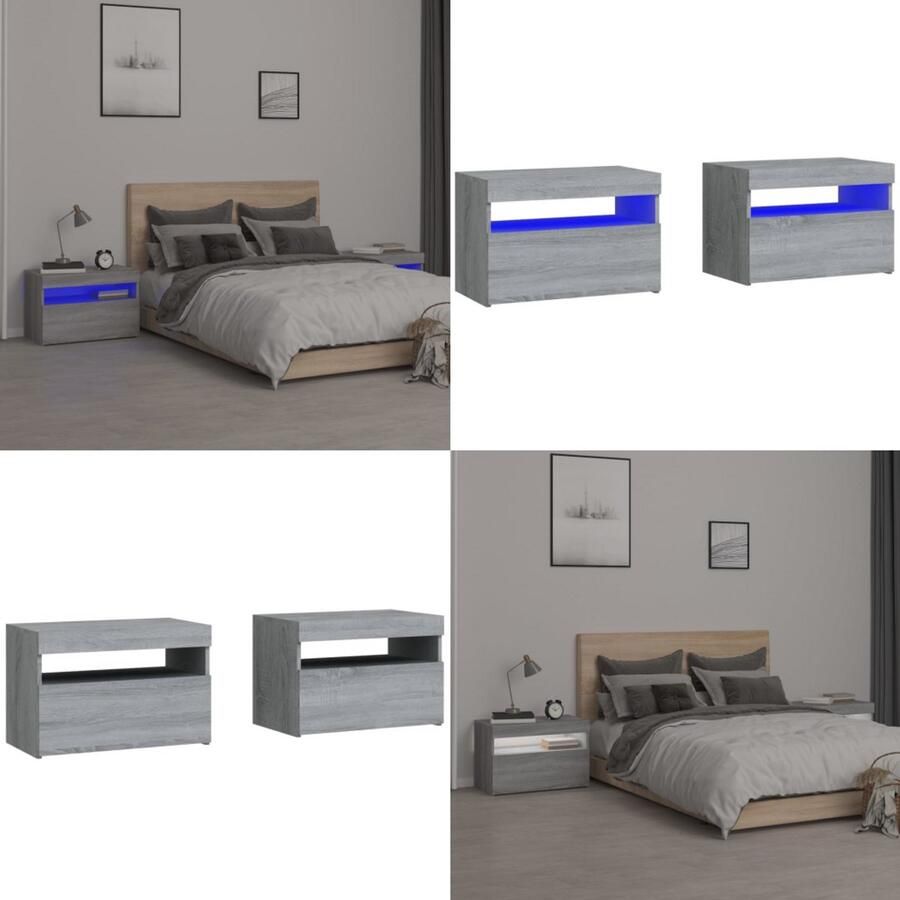 VidaXL Nachtkastje 2 st met LED-verlichting 60x35x40 cm grijs sonoma Nachtkastje Nachtkastjes Houten Nachtkastje Slaapkamerkast
