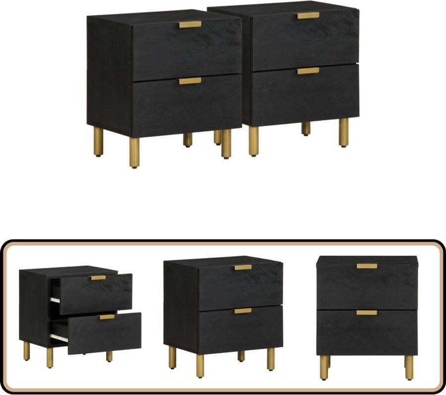 VidaXL Nachtkastje 2 stuks Mangohout Zwart Nachtkastje Nachtkastjes Bijzettafel Wandkastje