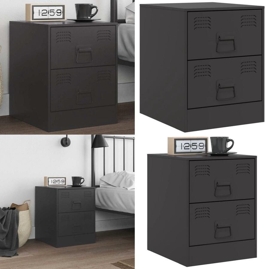 The Living Store Nachtkastje 34 5x39x44 cm staal zwart Nachtkastje Staal Nacht Kast Nachtkast Zwart Opbergkast Salontafel - Foto 2