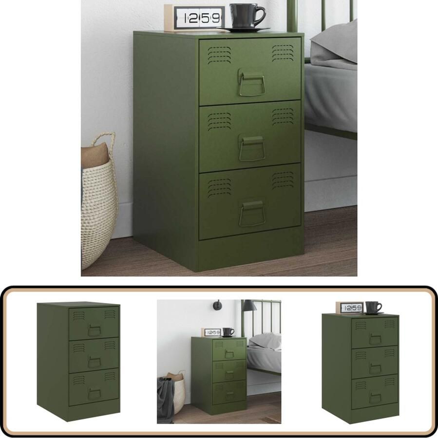 The Living Store Nachtkastje 34 5x39x62 cm staal olijfgroen Nachtkastje Nachtkastjes Olijfgroot Groen Staal - Foto 2