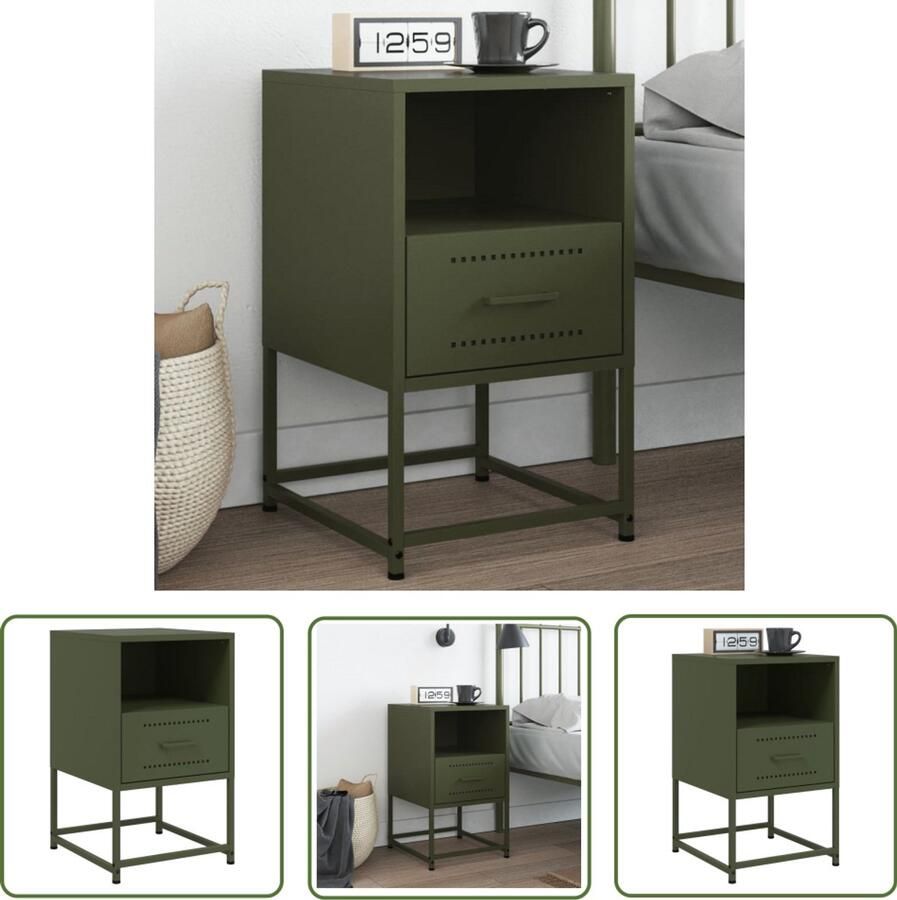 The Living Store Nachtkastje 36x39x60 5 cm staal olijfgroen Nachtkastje Industrieel Nachtkastje Staal Nachtkastje Groen Olijfgroot Salontafel