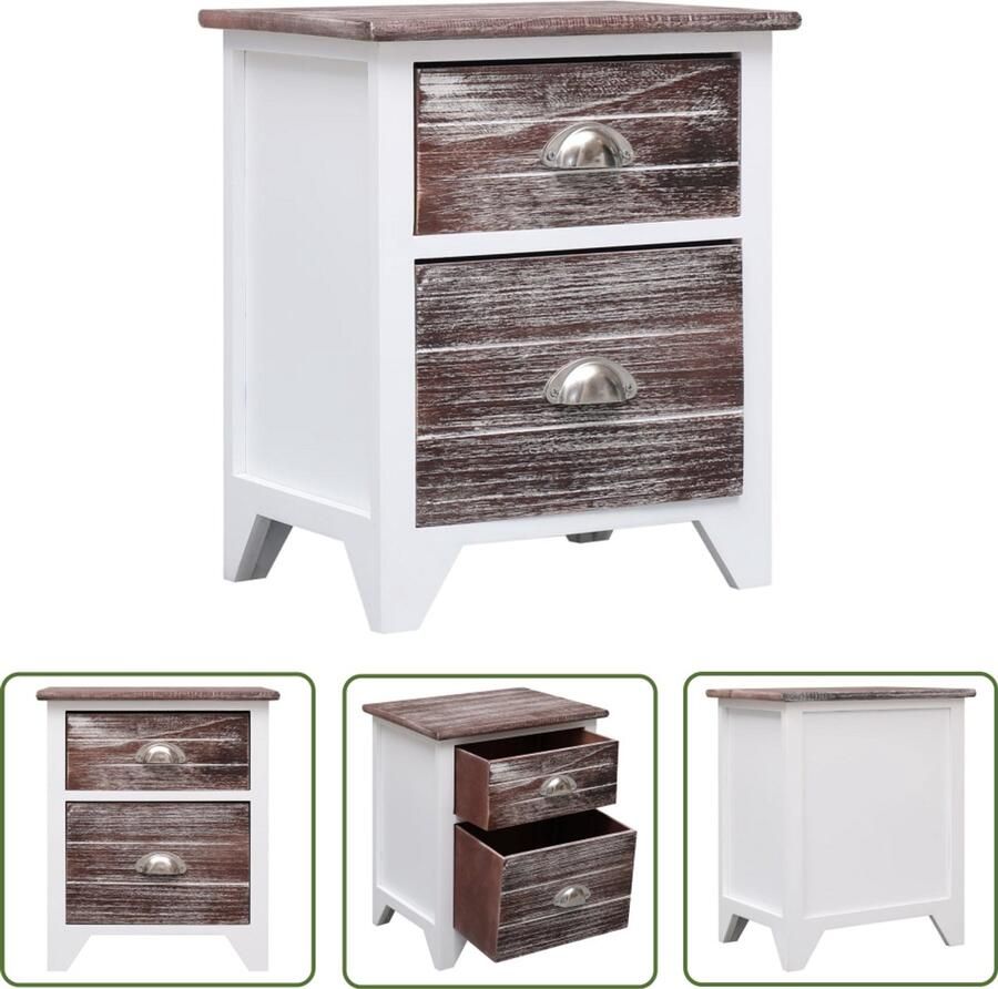 VidaXL Nachtkastje 38x28x45 cm Bruin en Wit Nachtkastje Nachtkast Meubilair Slaapkamer Bruine Kast Witte Kast Paulownia Hout Multipex Boekenplank Decoratief Item Woonaccessoires