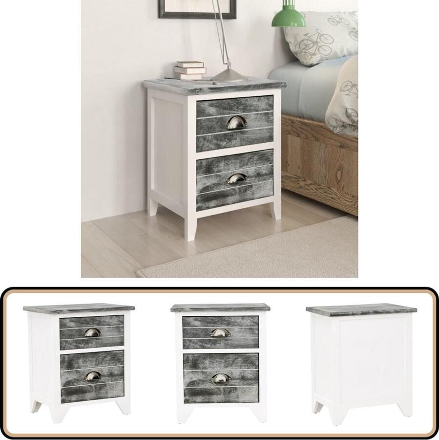 VidaXL Nachtkastje 38x28x45 cm Grijs en Wit Nachtkastje Slaapkamer Meubilair Houten Kast Grijze Kast Witte Kast Paulownia Hout Bijzettafel Decoratief Item Opbergruimte Tweelaags