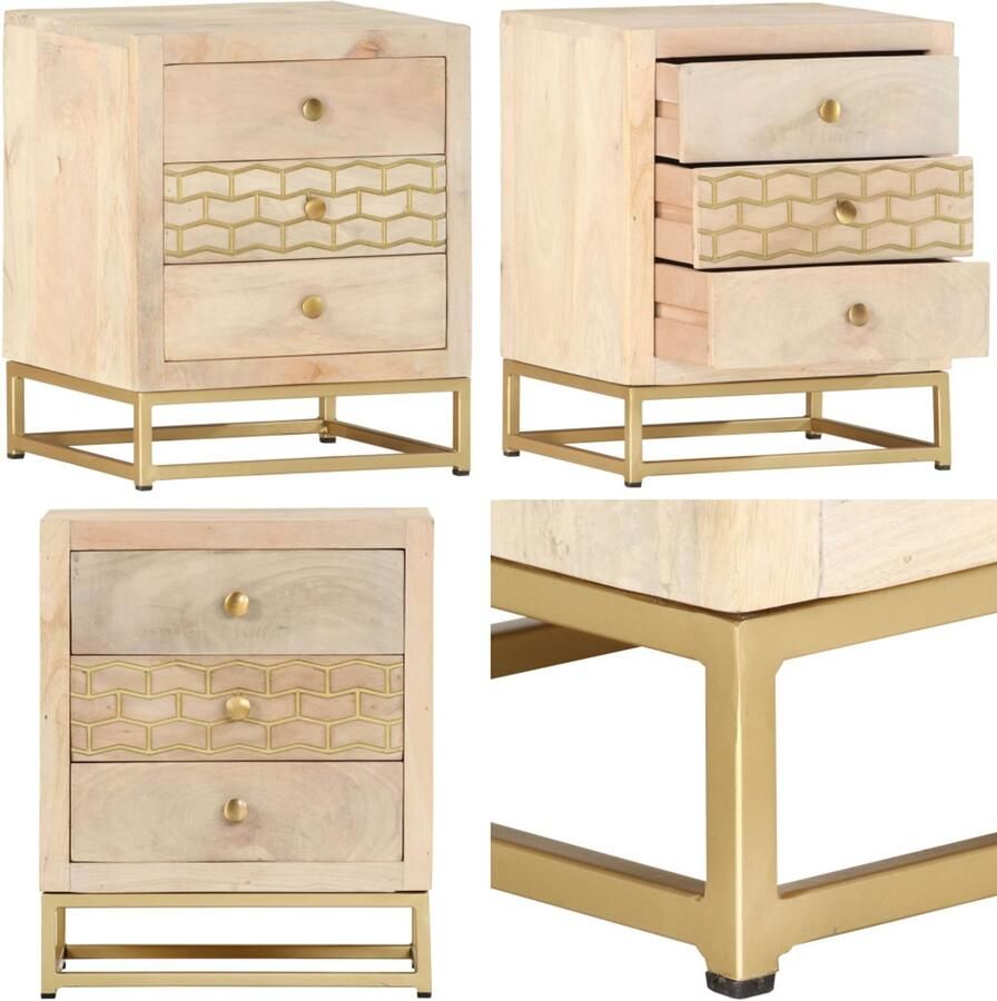 VidaXL Nachtkastje 40x30x50 cm massief mangohout goudkleurig Nachtkastje Nachtkastjes Nachttafeltje Nachttafeltjes