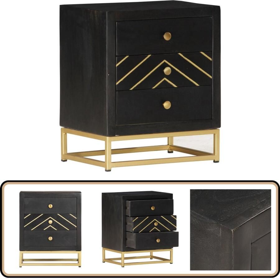 VidaXL -Nachtkastje-40x30x50-cm-massief-mangohout-zwart-en-goudkleurig - Foto 2