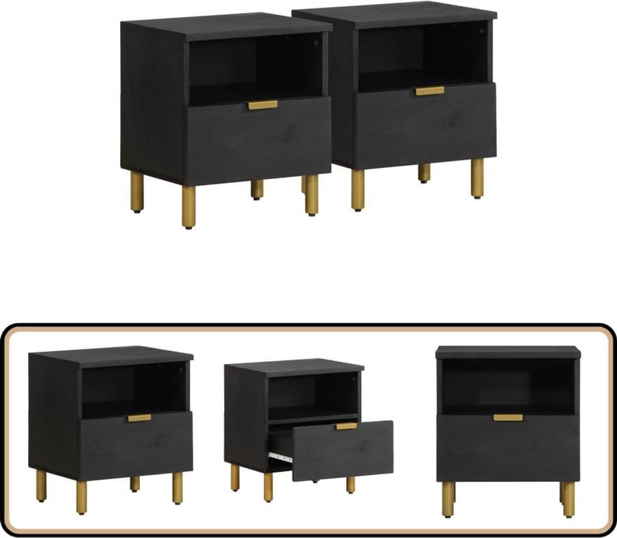 VidaXL Nachtkastje 40x33x46 cm Zwart Mangohout Nachtkastje Bijzettafel Slaapkamersmeubel Houten Kast Designkast