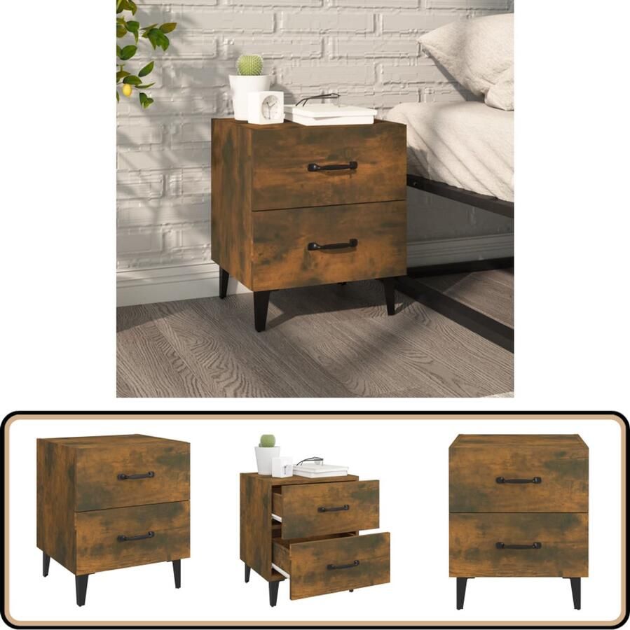 The Living Store Nachtkastje IndustriÃle Stijl Gerookt Eiken 40x35x47.5 cm 2 Lades Nachtkastje Industrieel Meubilair Houten Kast Bruine Kast Slaapkamermeubilair - Foto 2