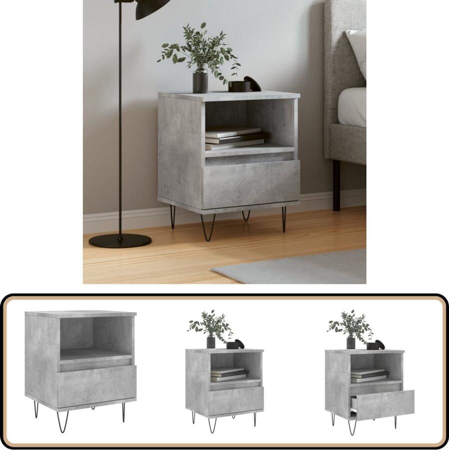 VidaXL Nachtkastje 40x35x50 cm Betongrijs Hout & Metaal Nachtkastje Kastje Slaapkamermeubel Houten Meubel Beton Grijs Opbergvak Lade