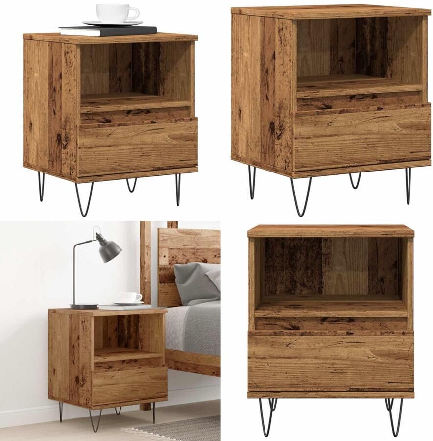 VidaXL Nachtkastje 40x35x50 cm bewerkt hout oud houtkleurig Nachtkastje Nachtkastjes Bijzettafel Wandkastje - Foto 2
