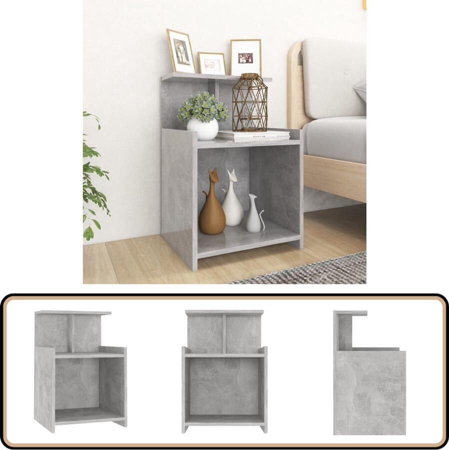 The Living Store Nachtkastje Betongrijs H60 x B35 x D40 cm 3 schappen Nachtkastje Bijzettafels Nachtlamp Slaapkamersdecoratie Houten Meubilair