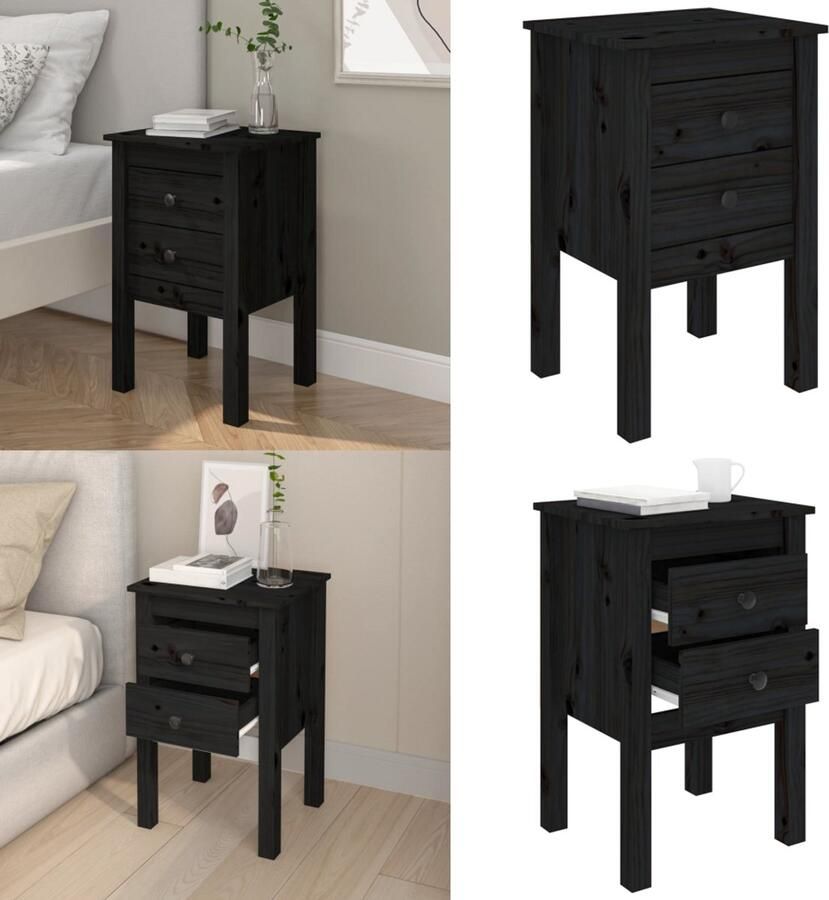 VidaXL Nachtkastje 40x35x61 5 cm massief grenenhout zwart Nachtkastje Nachtkastjes Houten Nachtkastje Telefoonkast - Foto 2