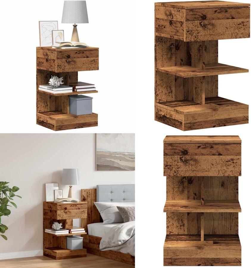 VidaXL Nachtkastje 40x35x65 cm bewerkt hout oud houtkleurig Nachtkastje Nachtkastjes Bijzettafel Wandkastje