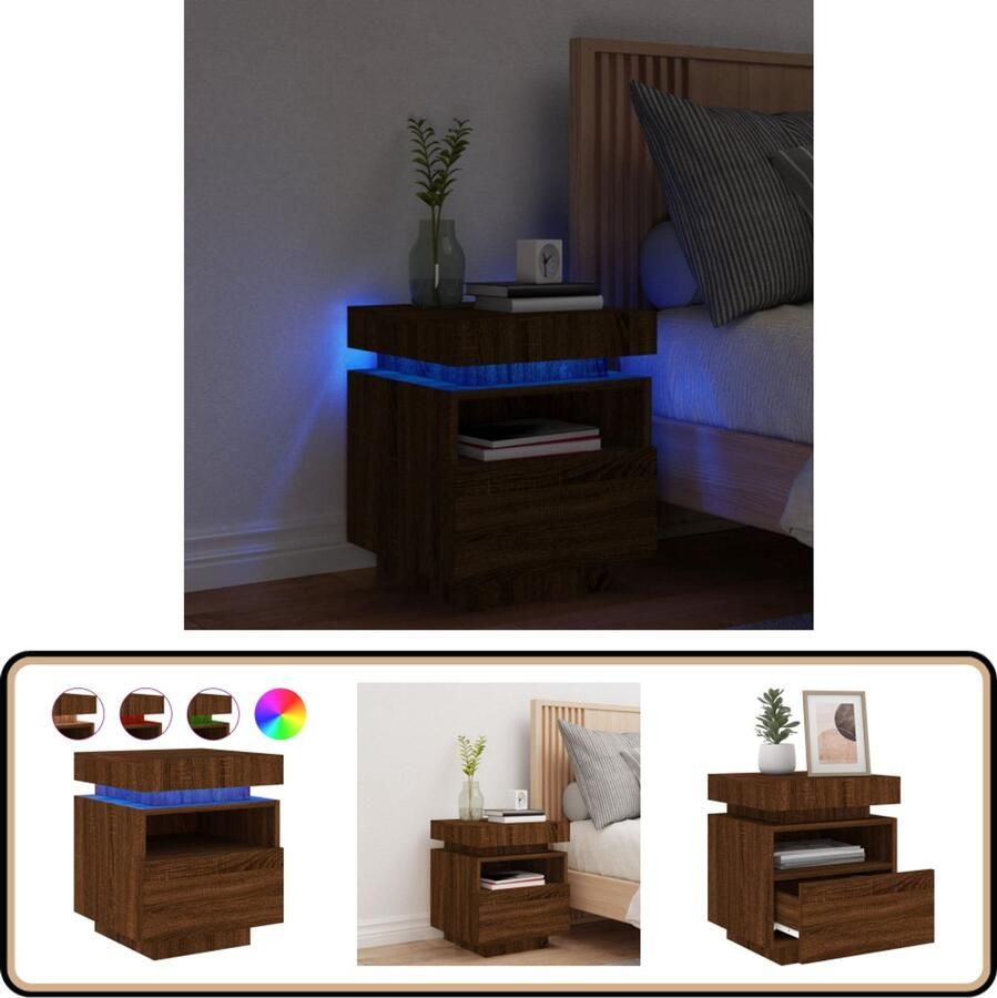 The Living Store Nachtkastje Bruineiken LED-verlichting 40 x 39 x 48.5 cm Duurzaam hout Opbergruimte Weergavefunctie Nachtkastje Kastje Meubilair Bedroom Furniture Led Lamp
