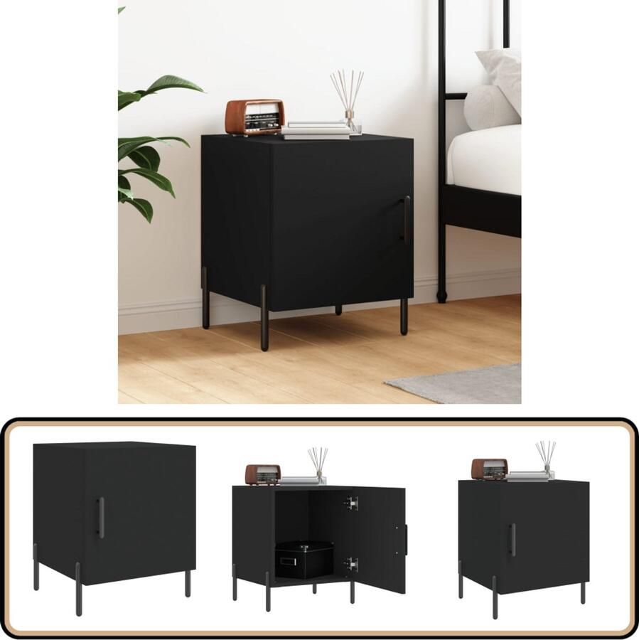 VidaXL Nachtkastje 40x40x50 cm Bewerkt Hout Zwart Nachtkastje Bijzettafel Modern Design Zwarte Kleur Houten Kast Metaallegs