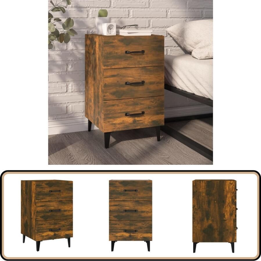 VidaXL The Living Store Nachtkastje Gerookt Eiken 40 x 40 x 66 cm Duurzaam bewerkt hout Veel opbergruimte Metalen voeten Nachtkastje Kast Bijzettafel Slaapkamermeubel Houten Kast - Foto 6