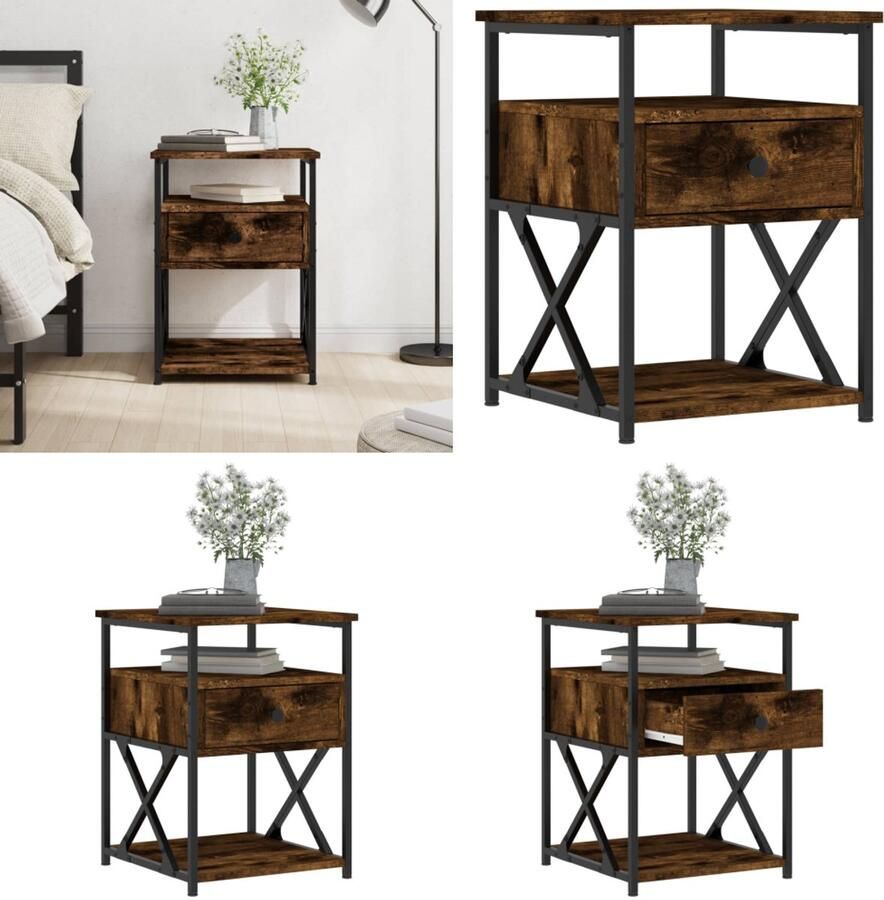 VidaXL Nachtkastje 40x42x55 cm bewerkt hout gerookt eikenkleurig Nachtkastje Nachtkastjes Kast Slaapkamermeubel