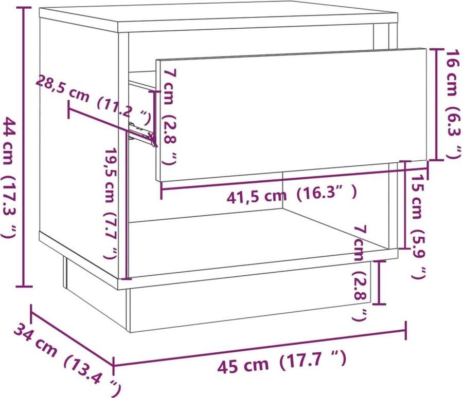 VidaXL Nachtkastje 45x34x44 cm bewerkt hout bruin eikenkleur - Foto 2