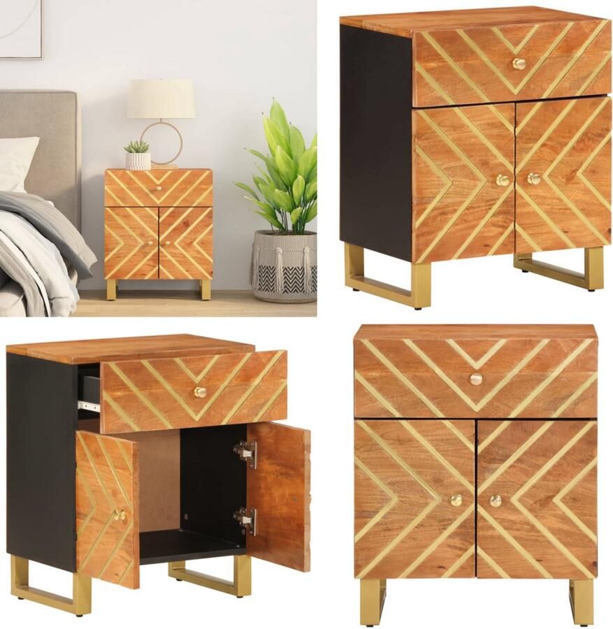 VidaXL Nachtkastje 50x33x60 cm massief mangohout bruin en zwart Nachtkastje Nachtkastjes Bijzettafel Wandkastje