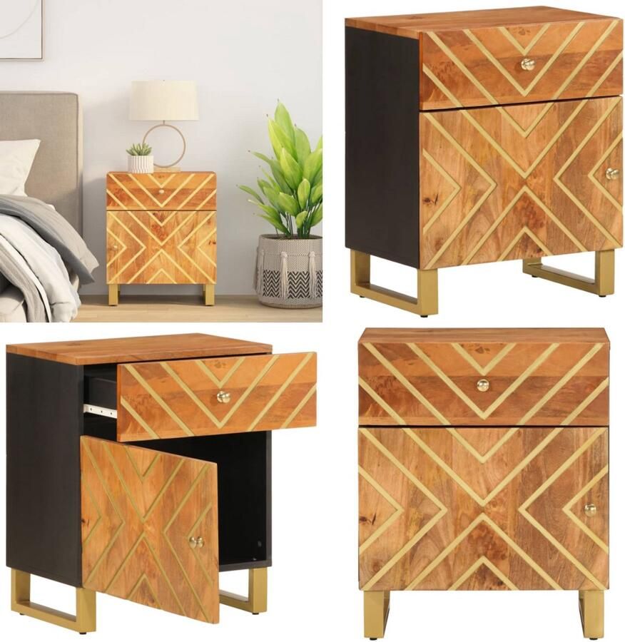 VidaXL Nachtkastje 50x33x60 cm massief mangohout bruin en zwart Nachtkastje Nachtkastjes Bijzettafel Wandkastje - Foto 2