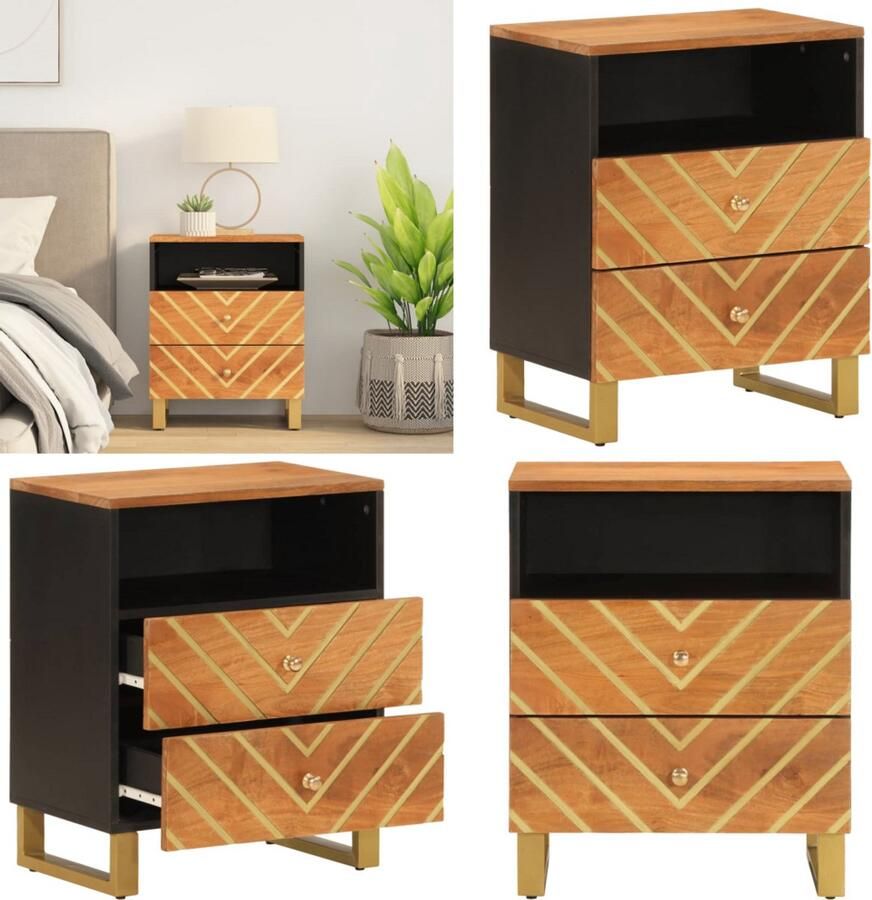 VidaXL Nachtkastje 50x33x60 cm massief mangohout bruin en zwart Nachtkastje Nachtkastjes Houten Nachtkastje Houten Nachtkastjes