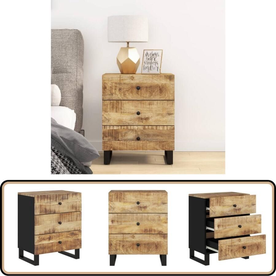 VidaXL Nachtkastje 50x33x62 cm Mangohout & Hout Nachtkastje Industrieel Design Mangohout Houten Lade Slaapkamermeubels Opbergkast Bijzettafel